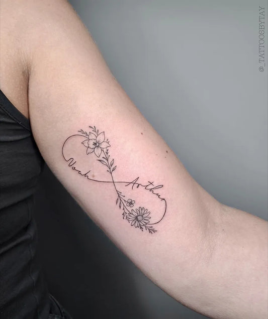 Small FineLine Infinity Flowers Tattoo on Women Arm by @_tattoosbytay