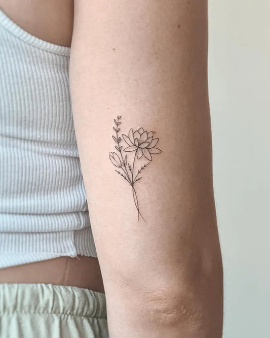 Small FineLine Lavender and Dahlia on Women Arm Tattoo by @cha.tattoo
