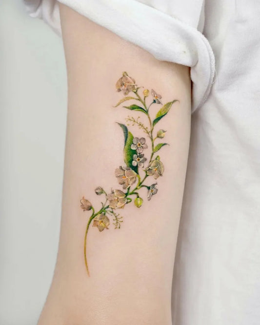 Small FineLine Lily of the Valley Flowers on Women Arm Tattoo by @tilda_tattoo