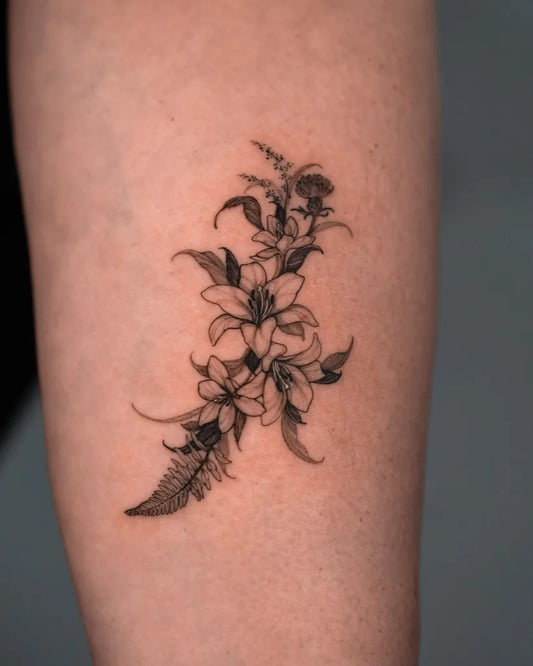 Small FineLine LilyFernCluster on Women Arm Flower Tattoo by @vanya.ink