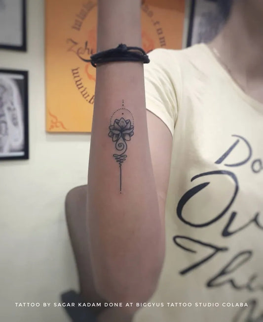 Small FineLine Lotus Flower on Women Forearm Tattoo by @sagarkadam_tattooartist