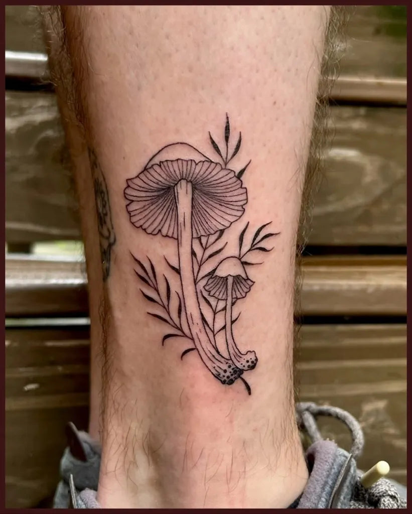 Small FineLine Mushroom and Leaves on Men Leg Tattoo by @cakpatrick
