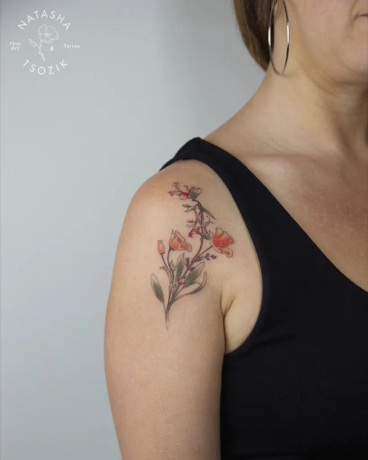 Small FineLine OrchidSprig on Women Shoulder Flower Tattoo by @natasha_tsozik