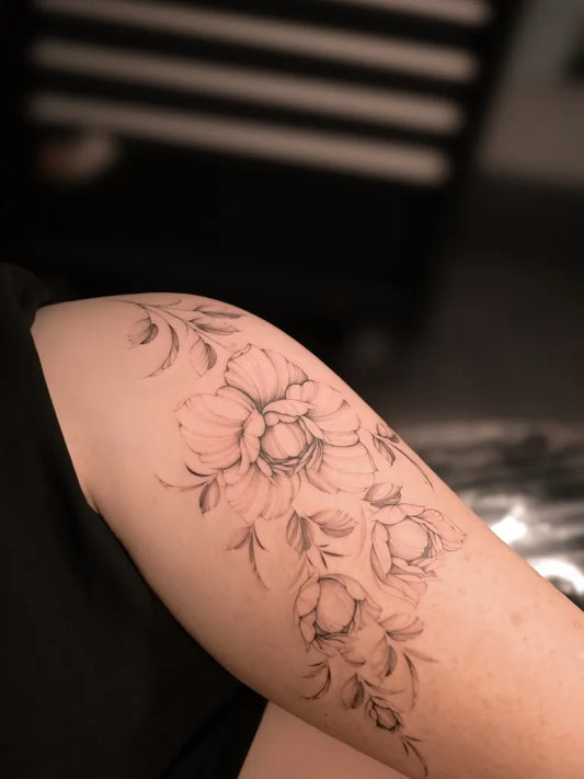 Small FineLine Peony Flowers on Women Shoulder Flower Tattoo by @claudia__draws