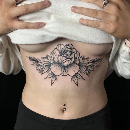 Small FineLine PeonyFlowers on Women Sternum Tattoo by @leahadamstattoo