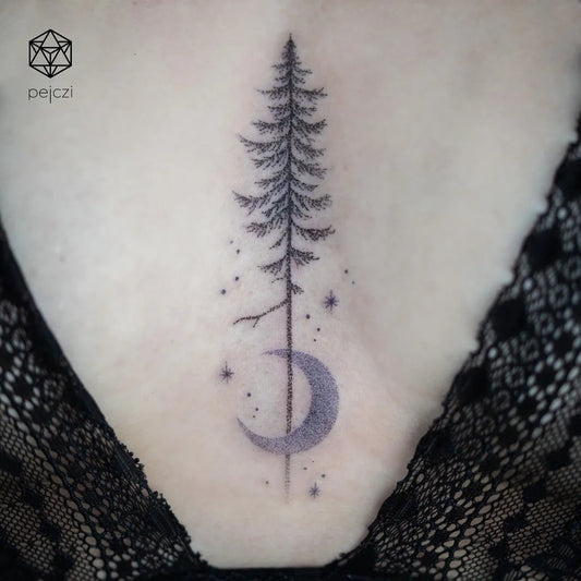 Small FineLine PineTreeCrescentMoon on Women Sternum Tattoo by @pejczi