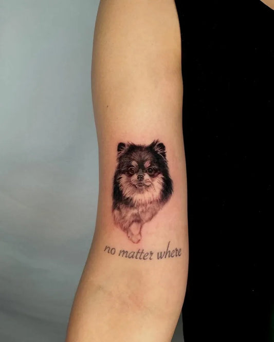 Small FineLine PomeranianDog with NoMatterWhereText on Women Arm Tattoo by @thebee.tt