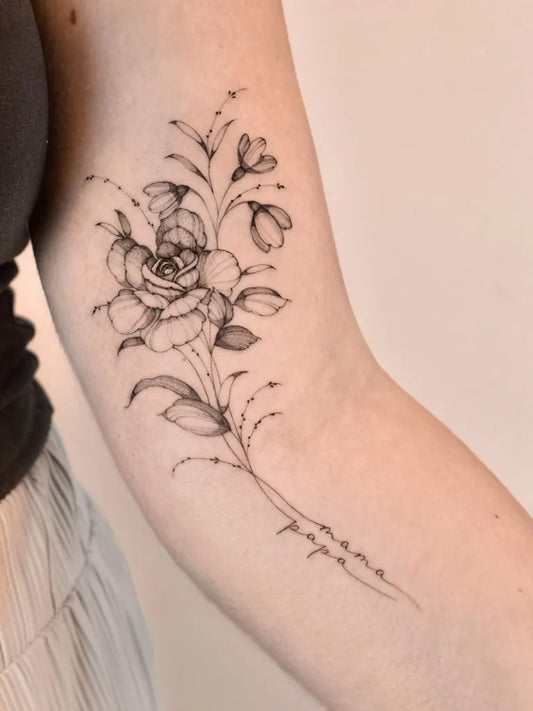 Small FineLine RoseWithBudsAndVines on Women Arm Flower Tattoo by @inkedbyangela