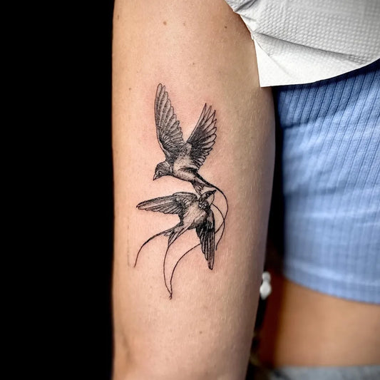 Small FineLine Sparrows Tattoo on Women Arm by @bboyinkzone
