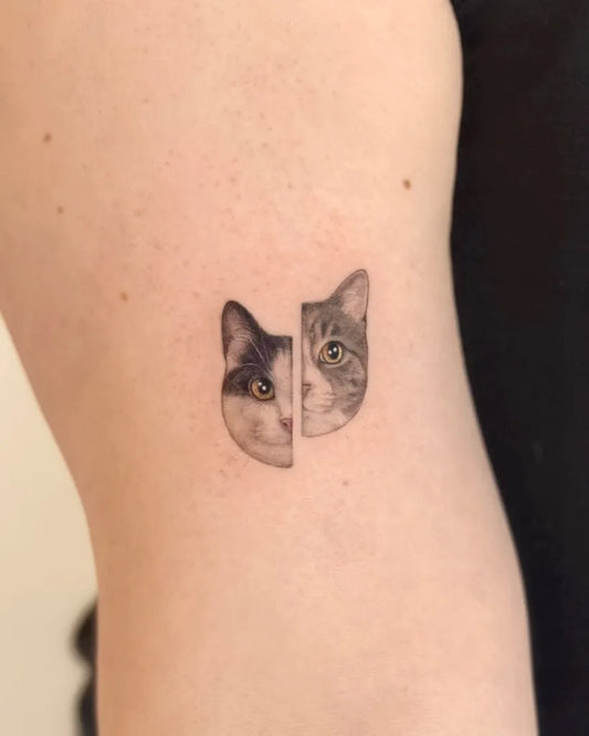 Small FineLine SplitCat Tattoo on Women Thigh by @jiji.tattoos