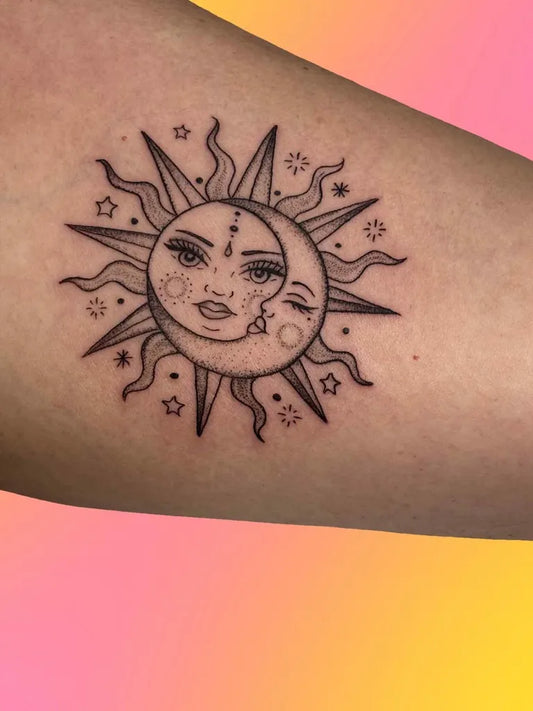 Small FineLine Sun and Moon on Women Arm Tattoo by @ashleys_inkz