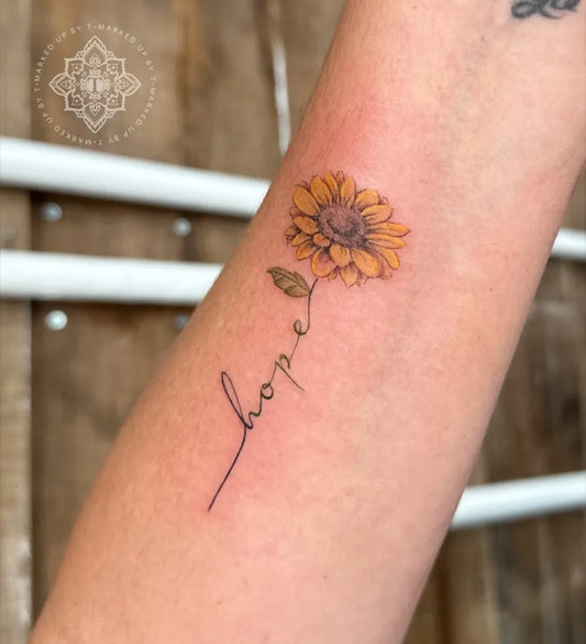 Small FineLine Sunflower Hope on Women Forearm Tattoo by @markedupbyt