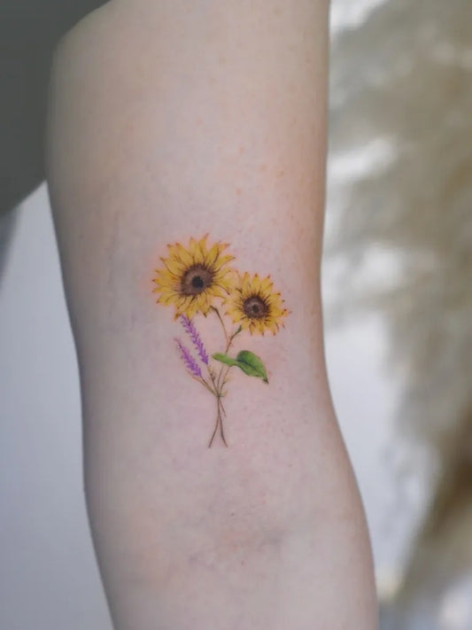 Small FineLine Sunflowers and Lavender on Women Arm Tattoo by @tattoo_stop