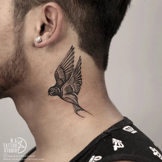 Small FineLine Swallow on Men Neck Tattoo by @natattoostudio