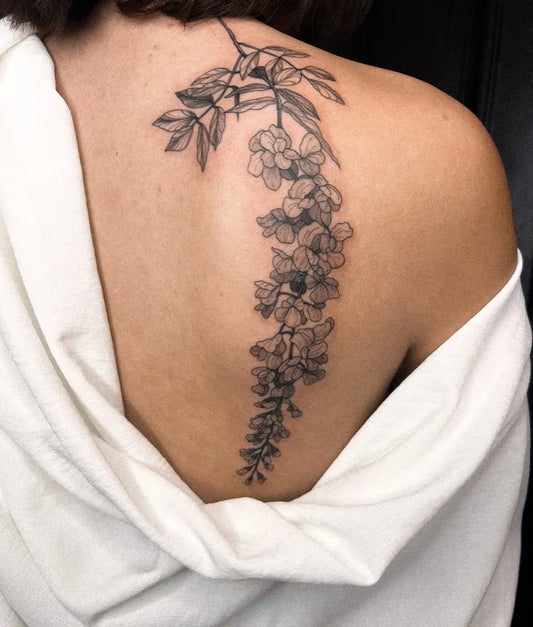 Small FineLine WisteriaBranch on Women Shoulder Flower Tattoo by @house.of.lilith.studio