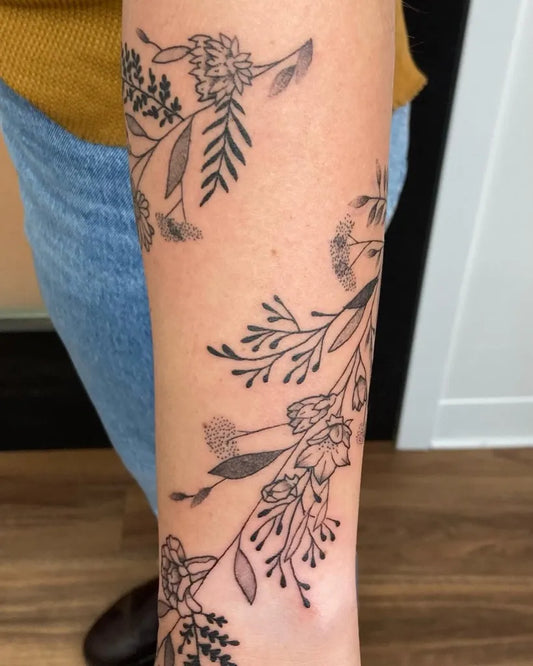 Small Floral Botanical Flowers on Women Forearm Tattoo by @beastlyflowers