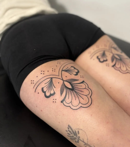 Small Floral Mandala on Women Thigh Tattoo by @thundertattoo_hossegor