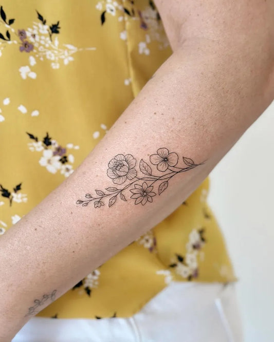 Small Floral Rose and Flowers on Women Arm Tattoo by @cha.tattoo