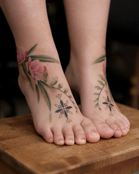 Small Floral Vines Hibiscus on Women Feet Flower Tattoo by @salvia.ink