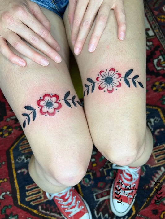 Small Folk Flower on Women Thigh Flower Tattoo by @mama.yaga