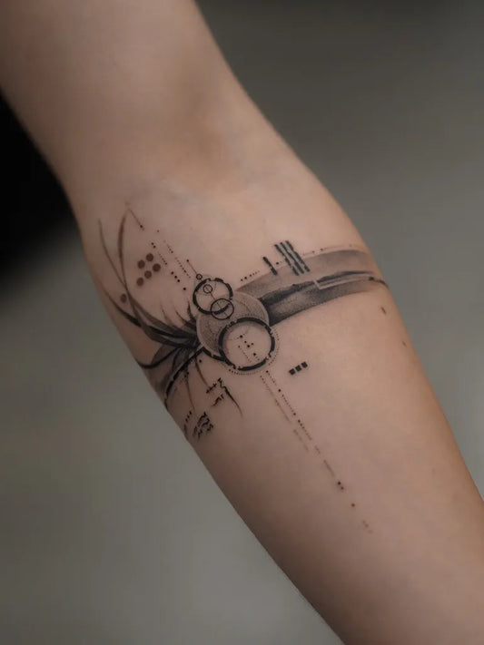 Small Geometric Abstract Bands and Circles on Women Forearm Tattoo by @blocktatt