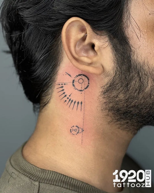 Small Geometric Abstract Gear and Rays on Men Neck Tattoo by @1920tattoozhub