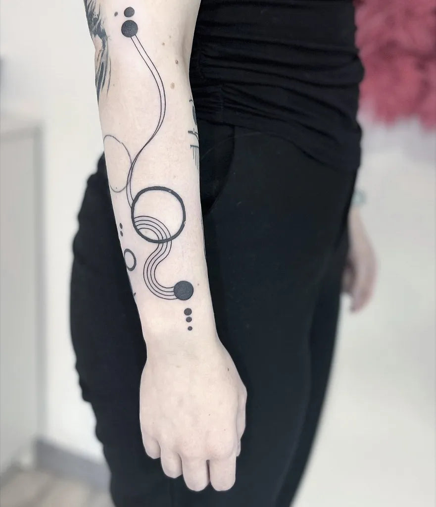 Small Geometric Abstract Lines and Circles on Women Arm Tattoo by @_katusza_
