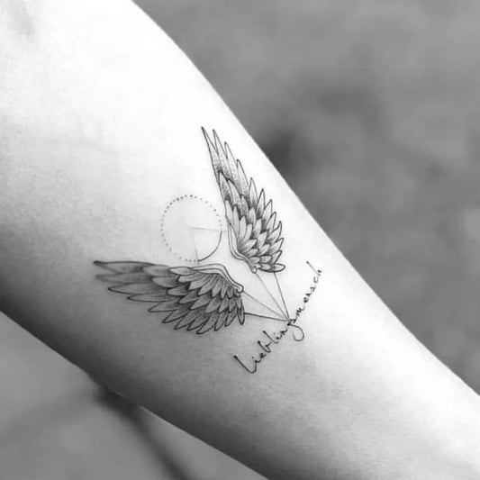 Small Geometric Angel Wings and Wings Tattoo on Women Arm by @blacklinetattoo63