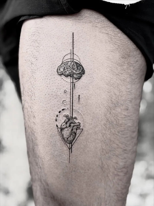 Small Geometric Brain Heart Geometric Lines on Men Thigh Tattoo by @alexshimray