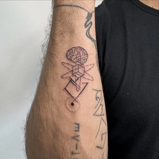 Small Geometric Brain Tesseract Orbiting Particles on Men Forearm Tattoo by @luiskin1