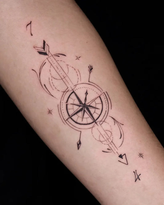 Small Geometric Compass Arrow Stars on Women Arm Tattoo by @twinmonkeytattoostudio