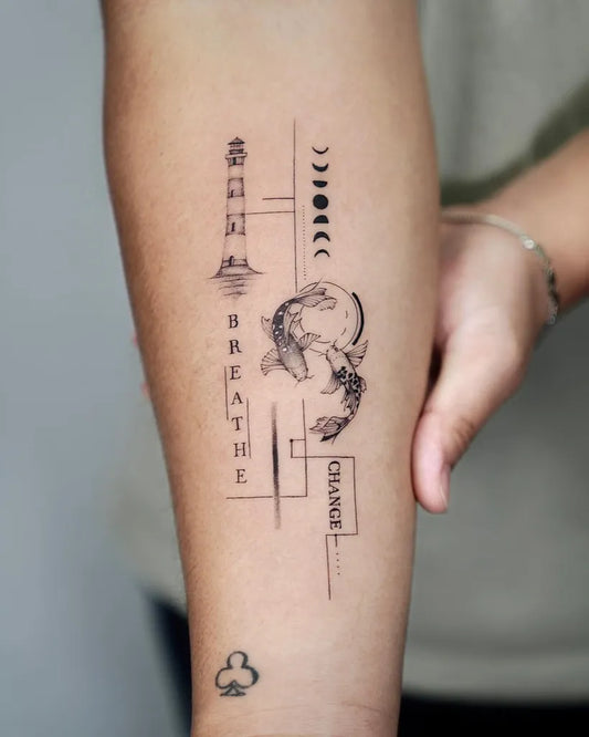 Small Geometric Koi fish and moon phases on Women Arm Tattoo by @baronarttattoo