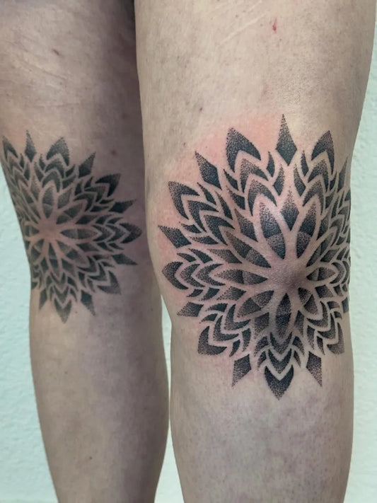 Small Geometric Mandala on Women Knees Tattoo by @levente.tarr