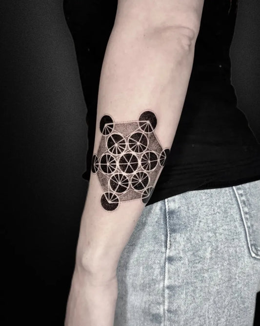 Small Geometric Metatron Cube on Women Arm Tattoo by @gav.inks