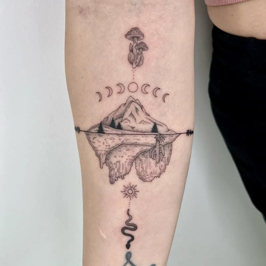 Small Geometric Mushroom Moon Phases Mountain on Women Arm Tattoo by @amazinkgraceartistry