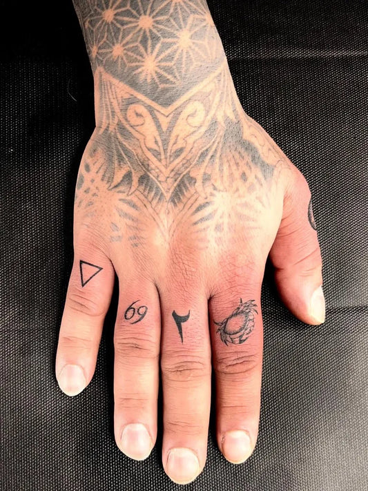 Small Geometric Owl on Men Fingers Tattoo by @tattooart_sama
