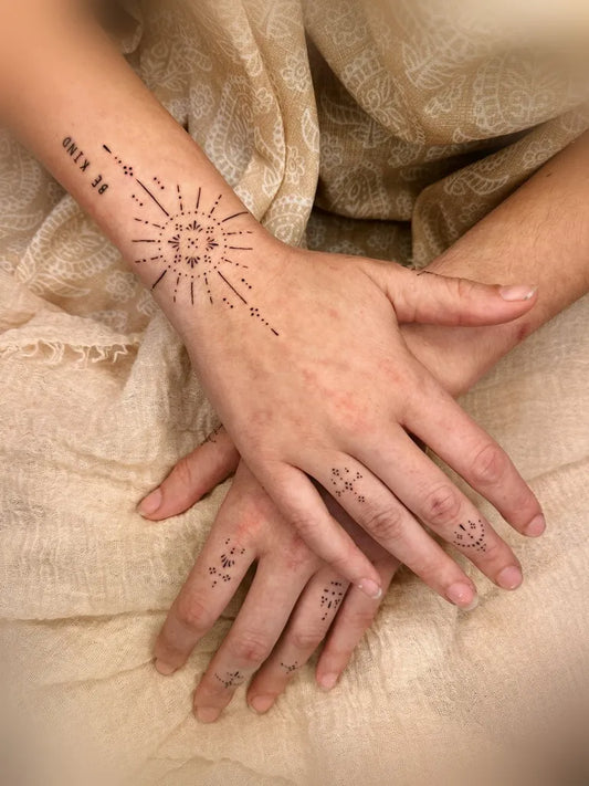 Small Geometric Sun and Arrows on Women Forearms Tattoo by @anais.art.ink