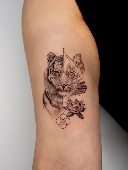 Small Geometric Tiger Lotus Geometric on Women Arm Tattoo by @77.9tattoo