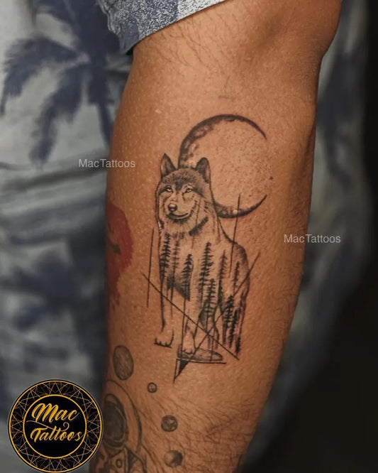 Small Geometric Wolf Moon Trees on Men Arm Tattoo by @mac_tattoos_original