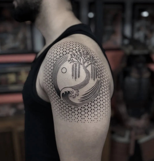 Small Geometric Yin Yang Tree Waves on Men Shoulder Tattoo by @juzzytattoo