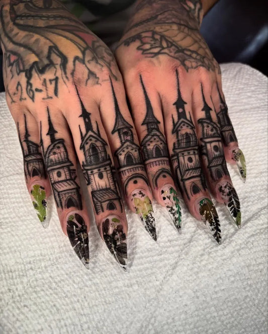 Small Gothic Churches on Women Fingers Tattoo by @_cruz_foster_