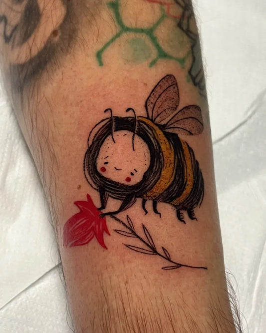 Small Illustrative Bee with Flower on Men Arm Tattoo by @funky_boy_tattoo