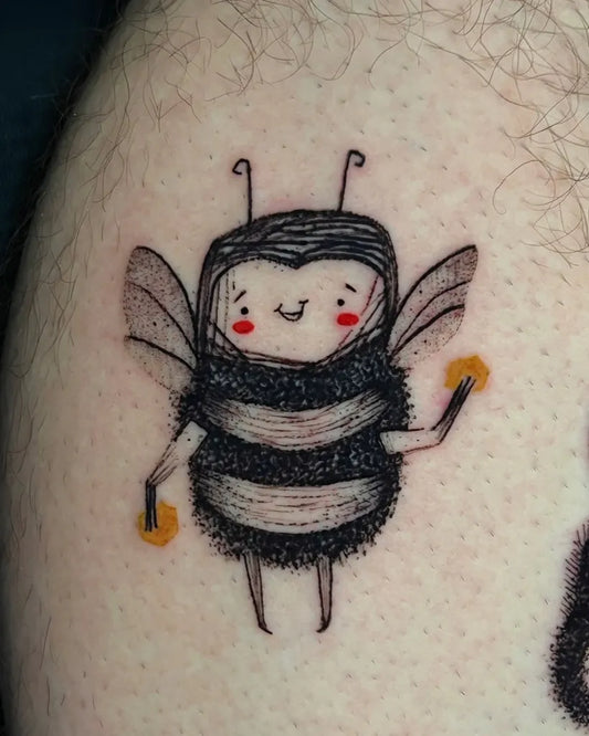 Small Illustrative Bee with Flower on Men Leg Tattoo by @funky_boy_tattoo