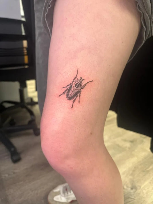 Small Illustrative Beetle Tattoo on Women Knee by @pokedbylaskie