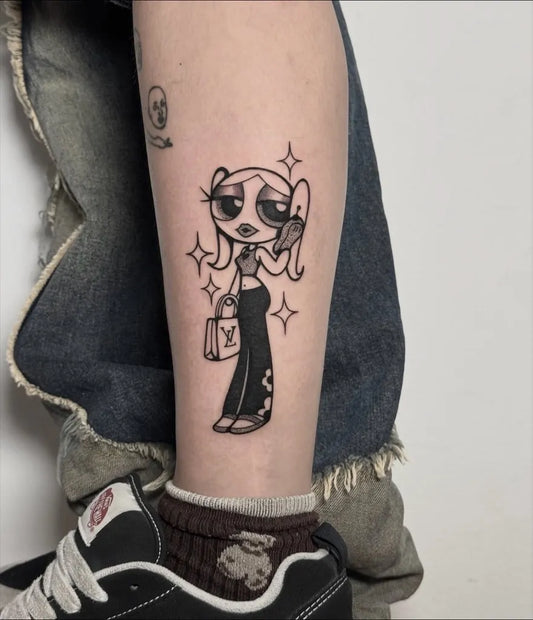 Small Illustrative Bubbles Girl with Phone Tattoo on Women Thigh by @athens_tattoo_studio