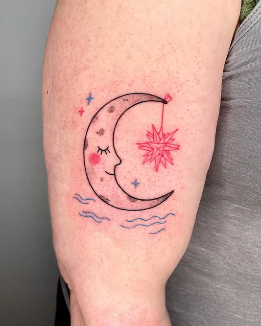 Small Illustrative Cartoon Moon and Star Tattoo on Women Arm by @studiomilaa