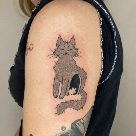 Small Illustrative Cat and Mouse Tattoo on Women Upper Arm by @luurur