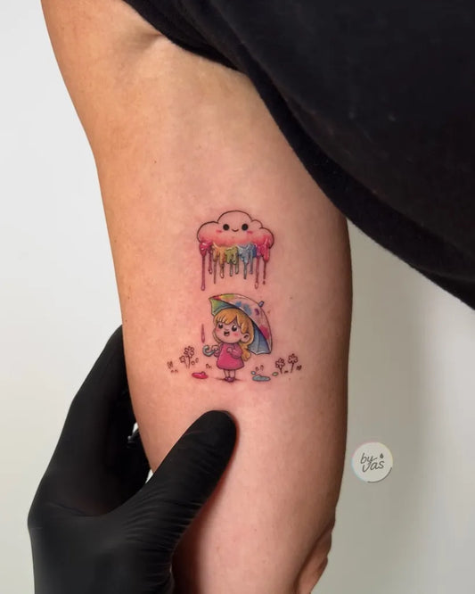 Small Illustrative Cloud and Girl with Umbrella Tattoo on Women Arm by @by_vas