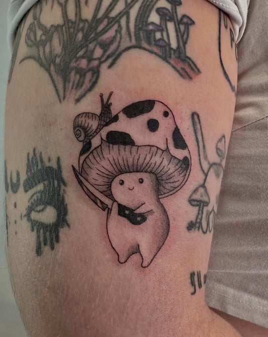 Small Illustrative Cute Mushroom with Snail and Knife on Women Arm Tattoo by @allytat.24