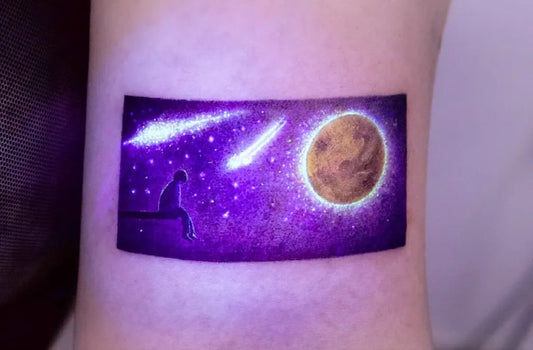 Small Illustrative Glow Moon and Silhouette Women Forearm by @soy__keem